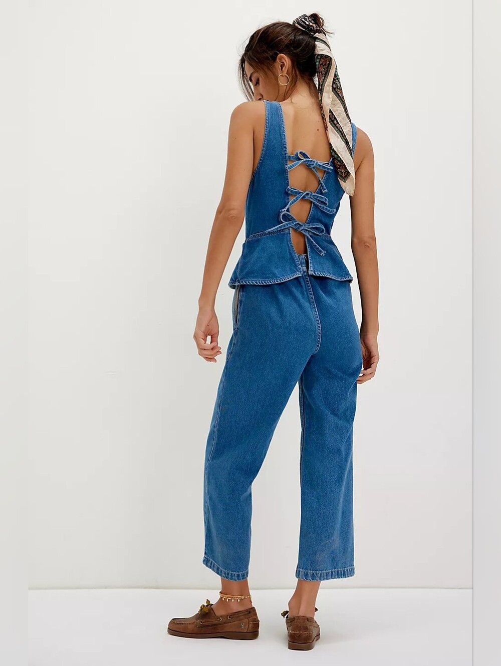 We The Free Blue Denim Back-Tie Jumpsuit